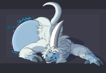 after_vore anthro belly big_belly blue_eyes bodily_fluids death digestion digestion_noises fatal_vore front_view fur horn huge_belly licking licking_lips looking_at_viewer lying male male_pred mass_vore motion_lines multicolored_body multiple_prey on_front raised_tail saliva simple_background skull_symbol solo sound_effects tail tongue tongue_out two_tone_body vore sillywerwolf rimworld thundergut thrumbo digital_media_(artwork) hi_res