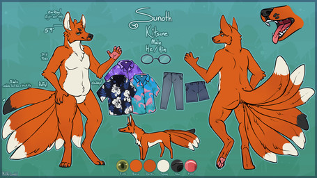 aloha_shirt anthro black_body black_fur bottomwear clothing countershade_neck countershade_torso countershading cutaway dipstick_tail eyewear featureless_crotch feral fur glasses male male_anthro male_feral markings multi_tail nude nude_anthro nude_male open_mouth orange_body orange_fur pants pattern_clothing pattern_shirt pattern_topwear pawpads shirt shorts simple_background slightly_chubby slightly_chubby_anthro slightly_chubby_male solo standing tail tail_markings teeth tongue tongue_out topwear white_body white_fur meldritchhorror sunoth canid canine fox mammal 16:9 2018 absurd_res hi_res model_sheet widescreen