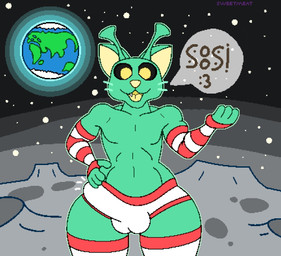 anthro balls_outline bulge clothed clothing detailed_bulge erection femboy genital_outline green_body handwear legwear male mittens moon panties penis_outline solo space stockings text underwear sweetmeat alien domestic_cat felid feline felis mammal digital_media_(artwork) pixel_(artwork)