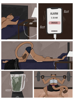 anthro athletic athletic_anthro athletic_female bed bedroom breasts clothed clothing comic_panel exercise female fur furniture side_boob sleeping solo stretching tan_body tan_fur text toned_belly toned_female topless topless_female underwear weightlifting white_body white_fur workout thatgaygoat sloan_(thatgaygoat) cougar felid feline mammal pantherine comic digital_drawing_(artwork) digital_media_(artwork) english_text