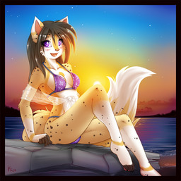 anthro beach bikini black_spots blush boulder brown_hair clothed clothing detailed_background female fox_tail hair looking_at_viewer mountain open_mouth orange_body outside pose purple_bikini purple_clothing purple_eyes purple_swimwear rock sand sea seaside skimpy sky solo spots star sunset swimwear tail tongue translucent translucent_clothing two-piece_swimsuit water conditional_dnp fluff-kevlar lune domestic_cat felid feline felis mammal 2012 digital_media_(artwork) pinup