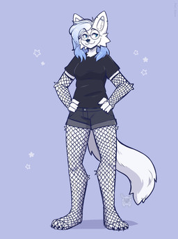 4_toes anthro armwear black_claws black_clothing black_eyebrows black_shirt black_topwear blue_body blue_eyes blue_fur bottomwear breasts cheek_tuft claws clothing ear_piercing eyebrows eyewear facial_piercing facial_tuft feet female fishnet_armwear fishnet_clothing fishnet_leggings fishnet_legwear fur glasses hair leggings legwear long_hair looking_away medium_breasts monotone_body monotone_fur multicolored_hair nose_piercing nose_ring paws piercing ring_piercing shirt shorts simple_background solo standing toes topwear tuft two_tone_hair white_body white_fur white_hair fleurfurr canid canine mammal colored digital_drawing_(artwork) digital_media_(artwork) hi_res shaded
