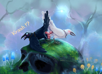black_body black_feathers blush bodily_fluids bone cloacal_penis duo entwined_penises feathers feral feral_on_feral fog foggy_background frottage fungus genital_fluids genitals glowing glowing_eyes leaking_precum looking_at_viewer male male/male mushroom open_mouth penile penis penises_touching plant precum prehensile_penis rictal_bristles sex skull surprised tapering_penis text tree white_body white_feathers cloudweaver_(artist) valheim hugin_(valheim) munin_(valheim) avian bird corvid corvus_(genus) oscine passerine raven hi_res brother_(lore) brothers_(lore) incest_(lore) sibling_(lore)