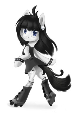 bangs biped black_clothing black_dress black_hair black_tail blue_eyes blunt_bangs bone bracelet butt clothing dress female feral fishnet_clothing fishnet_legwear footwear hair jewelry knee_highs knee_socks legwear long_hair long_tail looking_at_viewer ponification quad_skates rear_view roller_skates simple_background skull skull_accessory socks solo spiked_bracelet spikes straight_hair tail white_background ilightningstari hasbro milky_way_and_the_galaxy_girls my_little_pony pluto_(milky_way_and_the_galaxy_girls) earth_pony equid equine horse mammal pony 2012