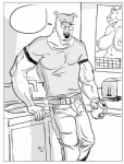 anthro appliance belt beverage big_breasts biped border bottomwear breasts calendar can canid canine canis clothed clothing comic container dialogue domestic_dog empty_speech_bubble eyewear female food fully_clothed furronika glasses greyscale kitchen kitchen_appliance male mammal monochrome muscular muscular_anthro muscular_male nipples pants poster shirt solo speech_bubble standing toaster topwear white_border