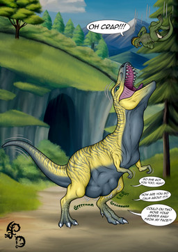 anthro anthro_prey belly big_belly black_arms black_belly black_stripes black_tail blonde_hair cave claws cliff falling female female_pred feral feral_pred grass green_arms green_body green_eyes green_legs green_tail group hair mountain open_mouth oral_vore path plant rumbling_stomach speech_bubble stripes tail text tree vore white_claws yellow_body yellow_legs yellow_tail dragonczech dinosaur prehistoric_species reptile saurischian scalie theropod tyrannosaurid tyrannosauroid tyrannosaurus tyrannosaurus_rex 2025 english_text hi_res watermark
