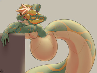 anthro apode belly big_belly green_body horn legless male serpentine smile vore yelling_mouse jayelin(yelling_mouse) draconcopode naga reptile scalie snake absurd_res hi_res