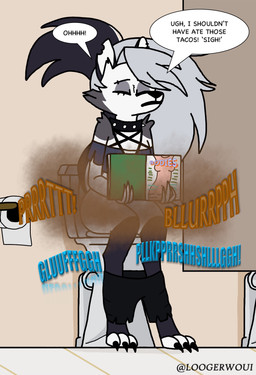alternative_fashion anthro bathroom bottomwear bottomwear_down choker claws clothed clothing dialogue diarrhea fart feces female jewelry necklace pants pants_down partially_clothed pooping public public_restroom reading_magazine restroom_stall shorts shorts_down sitting sitting_on_toilet solo text toilet toilet_paper toilet_use loogerwoui hellaverse helluva_boss mythology loona_(helluva_boss) canid canid_demon canine canis demon hellhound mammal mythological_canine mythological_creature wolf absurd_res english_text hi_res