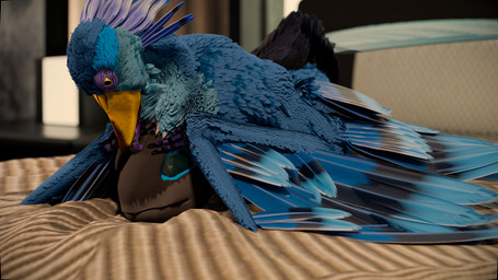 ambiguous_gender anthro beak bed bedroom blue_body blue_eyes blue_feathers blue_sclera bodily_fluids cuddling duo feathers fur furniture grey_body grey_fur licking loafing lying lying_on_bed male male/ambiguous on_bed purple_body purple_skin purple_tongue saliva saliva_string scuted_hands scutes semi-anthro tongue tongue_out wings yellow_eyes yellow_sclera decary the_nature_of_predators nohklu sekvil_(sekvil) avian krakotl_(the_nature_of_predators) venlil_(the_nature_of_predators) 16:9 3d_(artwork) 4k absurd_res blender_(artwork) blender_cycles_(artwork) digital_media_(artwork) hi_res huge_filesize widescreen
