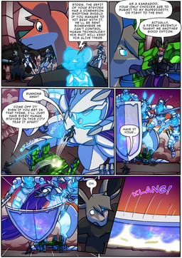 5_fingers anthro armor biped blue_eyes dialogue fingers firing_weapon fur glowing glowing_eyes grey_body grey_fur gun hologram machine male mecha motion_lines onomatopoeia ranged_weapon red_body red_fur sound_effects text tuft weapon kitfox-crimson in_our_shadow amethyst_(kitfox-crimson) bray_(kitfox-crimson) storm_(kitfox-crimson) human kangaroo macropod mammal marsupial murid murine rat red_kangaroo rodent wallaby 2026 absurd_res colored comic english_text hi_res