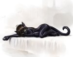 ambiguous_gender bed_sheet bedding black_body black_fur brown_hair claws fur hair nude solo yellow_eyes 12-tf felid mammal pantherine