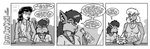 anthro bat bear bottle brave_new_world_(style_wager) cafeteria clothing comic container ear_piercing english_text eyewear female food food_tray glasses goldie_buckingham greyscale group holding_bottle holding_container holding_object human jacket jaque_smith mammal monochrome piercing sasha_gothica shirt style_wager tank_top text topwear