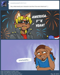 ask_blog bandanna bandit_keith blonde_hair brown_hair clothing eyewear facial_hair fireworks flag hair humor long_hair male shirt soulpatch stars_and_stripes stubble sunglasses t-kay t-kay_(character) tumblr united_states_of_america whiskers yellow_eyes
Rating: Safe
Score: 2
User: PineappleMan
Date: May 24, 2014 ask_blog bandanna bandit_keith blonde_hair brown_hair clothing eyewear facial_hair fireworks flag hair humor long_hair male shirt soulpatch stars_and_stripes stubble sunglasses t-kay t-kay_(character) tumblr united_states_of_america whiskers yellow_eyes
Rating: Safe
Score: 2
User: PineappleMan
Date: May 24, 2014