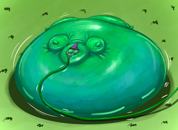 anthro belly belly_expansion big_belly blush blush_lines body_inflation clothing expansion grass hat hat_only headgear headgear_only headwear headwear_only hose hose_in_mouth hose_inflation huge_belly hyper hyper_belly hyper_inflation immobile inflation liquid_inflation male mostly_nude outside plant solo water water_ballooning water_inflation ian-exe adult_swim cartoon_network smiling_friends glep_(smiling_friends) critter_(smiling_friends) 2025 hi_res signature