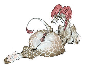 anthro anus big_breasts big_butt biped breasts brown_anus brown_body brown_fur brown_vulva butt cloven_hooves eyelashes female fur genitals hair hooves horn huge_breasts lidded_eyes long_neck lying monotone_background nude nude_anthro nude_female on_front ossicone puffy_anus rear_view red_hair simple_background solo tail tan_body tan_fur thick_thighs unguligrade vulva white_background bleedglaze giraffe giraffid mammal hi_res