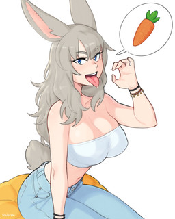 animal_ears big_breasts bodily_fluids bottomwear bracelet breasts carrot clothed clothing collarbone crop_top denim denim_bottomwear denim_clothing eyelashes fellatio_gesture fellatio_request female food gesture hair hand_gesture inviting_to_oral inviting_to_sex jeans jewelry long_eyelashes long_hair looking_at_viewer navel offering_sex open_mouth oral_invitation oral_request pants plant presenting_mouth requesting saliva saliva_on_tongue sex_gesture sex_request shirt simple_background sitting solo speech_bubble suggestive suggestive_food suggestive_gesture tail teeth three-quarter_view tongue tongue_out topwear vegetable white_background robishi animal_humanoid humanoid lagomorph lagomorph_humanoid leporid_humanoid mammal mammal_humanoid rabbit_humanoid 4:5 hi_res