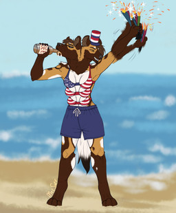 2_heads alcohol american_flag_bikini anthro beer beverage bikini breasts clothed clothing conjoined duo female fireworks flag_bikini flag_swimwear fur hair hat headgear headwear herm holidays intersex male multi_breast multi_head solo swimwear tail two-piece_swimsuit soffil 4th_of_july carson_and_caroline_halligan african_wild_dog canid canine canis mammal absurd_res digital_media_(artwork) hi_res sibling_(lore)