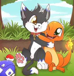 anthro backpack balls biped black_body black_fur black_nose blue_markings claws collar collar_only countershade_face countershade_fur countershade_scales countershade_torso countershading dipstick_ears dipstick_tail duo ear_markings fire flaccid flaming_tail foreskin front_view fur genitals gloves_(marking) green_eyes head_tuft hug humanoid_genitalia humanoid_penis key leg_markings male markings multicolored_body multicolored_ears nude one_eye_closed open_mouth open_smile orange_body orange_scales pawpads penis pokeball scales sitting sitting_on_ground smile socks_(marking) tail tail_markings tan_body tan_countershading tan_scales teeth toe_claws tongue tuft two_tone_body white_body white_countershading white_fur white_markings young young_anthro young_male fuf nintendo pokemon charmander domestic_cat felid feline felis generation_1_pokemon mammal pokemon_(species) 2019 hi_res