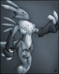 anthro beckoning black_sclera female fur gesture nude pose solo krinkels bandai_namco digimon canid canine digimon_(species) mammal renamon 4:5 greyscale monochrome pinup