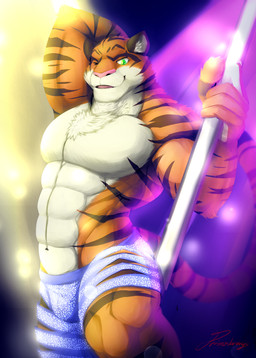 abs anthro biceps big_muscles black_body black_fur bottomwear bulge chest_tuft clothed clothing countershading dancing fur green_eyes hand_behind_head holding_fixture looking_at_viewer male muscular muscular_anthro muscular_male navel one_eye_closed open_mouth orange_body orange_fur pecs pink_nose pole pole_dancing raised_arm shorts smile solo standing stripes stripper stripper_pole topless tuft white_body white_fur wink zootopia_shorts primodrago disney zootopia tiger_dancer_(zootopia) felid mammal pantherine tiger 2016 hi_res