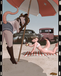 2_horns 5_fingers all_fours anthro bandeau_bikini beach beach_towel beach_umbrella bent_over big_breasts bikini biped black_body black_ears black_eyebrows black_fur black_hair blue_bottomwear blue_clothing blue_eyes blue_pupils blue_shorts blue_sky bottomless bottomless_anthro bottomless_female bottomwear breast_size_difference breasts brown_pupils butt car clothed clothed_anthro clothed_female clothing day denim denim_bottomwear denim_clothing denim_shorts digitigrade duo eyebrows eyelashes facial_scar feet female female_anthro fingers fur furgonomic_bottomwear furgonomic_shorts furgonomics gesture glistening glistening_butt glistening_eyes glistening_horn grey_body grey_fur grey_horn hair hairless_tail head_turned horn license_plate light light_truck long_hair looking_at_viewer looking_back looking_back_at_viewer mullet multicolored_body multicolored_fur multicolored_towel no_bra non-mammal_breasts open_mouth open_smile outside parasol pattern_towel pink_body pink_nose pink_scales pink_scar pink_tail pink_tongue pupils raised_tail red_towel scales scar shadow shirt shorts side_boob sky small_breasts smile smiling_at_viewer snout snout_scar striped_towel stripes sunscreen swimwear tail tank_top tapering_tail teeth thick_tail toes tongue topwear towel truck two-piece_swimsuit two_tone_body two_tone_fur two_tone_towel vehicle waving waving_at_viewer white_bikini white_clothing white_shirt white_swimwear white_tank_top white_topwear white_towel yellow_eyes posspowered beatty_amarosa_(posspowered) bonnie_vale_(posspowered) american_opossum kobold mammal marsupial reptile scalie virginia_opossum 4:5 absurd_res digital_media_(artwork) hi_res lighting