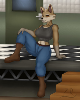 anthro boots brown_body brown_fur claws clothing female footwear fur looking_at_viewer multicolored_body multicolored_fur shoes solo stage two_tone_body two_tone_fur yellow_eyes furryrex back_to_the_dawn fenra_(bttd) canid canine canis mammal wolf 4:5 hi_res