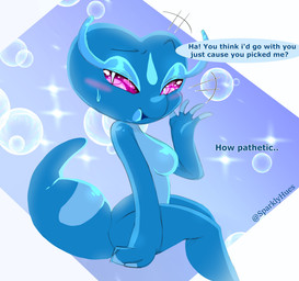 anthro biped blue_body blush breasts bubble claws eyebrows featureless_breasts female insult insulting_viewer looking_at_viewer narrowed_eyes open_mouth pink_eyes raised_eyebrow simple_background sitting smug solo tail teasing teasing_viewer text sparklyhues nintendo pokemon pokemon_winds_and_waves gecqua generation_10_pokemon pokemon_(species) 2026 absurd_res english_text hi_res portrait signature three-quarter_portrait