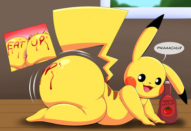 all_fours anus big_butt biped butt food food_fetish food_play huge_butt inside ketchup ketchup_bottle looking_back male motion_lines nude panel_skew perineum pokemon_speak rear_view shaking_butt side_view solo teasing thick_thighs window tepigfan101 nintendo pokemon generation_1_pokemon pikachu pokemon_(species) absurd_res hi_res