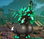 anthro big_breasts big_butt breasts butt crossgender female gun huge_butt looking_at_viewer ranged_weapon simple_background smile solo text thick_thighs twerking weapon wide_hips zynda_ae_(artist) epic_games fortnite mythology cerberus_(fortnite) canid canine canis mammal mythological_canine mythological_creature hi_res spanish_text