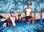 anthro beverage duo male palm_tree plant swimming_pool tree smokeplanet canid canine canis dingo fox mammal