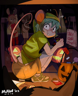 anthro barefoot big_butt biped black_eyes blonde_hair boots bottomwear bowl brown_body brown_bottomwear brown_clothing brown_fur brown_hair brown_shorts bulge butt candy candy_bowl caught_off_guard chocolate clothed clothing container costume crouching dessert detailed_background devil_costume eating eating_candy eating_food eyebrow_through_hair eyebrows fake_horns feet femboy fingers food footwear frown fur furgonomic_bottomwear furgonomics glistening glistening_body glistening_clothing glistening_eyes glistening_skin green_clothing green_footwear green_hair green_hat green_headwear green_shirt green_shoes green_topwear grey_body grey_fur grey_skin group hair hat headgear headwear holding_candy holding_food holding_object jack-o'-lantern latex latex_boots latex_clothing latex_footwear latex_topwear light lollipop long_tail looking_at_another male night orange_hair outside pink_nose pink_tail porch red_boots red_clothing red_footwear rodent_tail shirt shoes shorts sign smile smirk socks solo_focus standing street_lamp tail tan_body tan_fur teeth text toga topwear translucent translucent_hair trio white_clothing white_footwear white_sclera white_socks mawmain nintendo the_legend_of_zelda background_character kayden_(mawmain) canid canine canis domestic_dog lagomorph leporid mammal mouse murid murine rabbit rodent 2025 absurd_res artist_name colored dated digital_drawing_(artwork) digital_media_(artwork) english_text hi_res lighting shaded signature