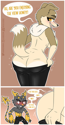 anthro aroused black_bottomwear black_clothing black_pants blush bodily_fluids bottomwear breasts brown_body brown_fur bulge butt claws clothed clothing denim denim_bottomwear denim_clothing dialogue dripping duo erection excited excited_for_sex female fur genital_fluids grey_body horn jeans looking_back male male/female nipples pants pointed_tail precum precum_drip precum_through_clothing presenting presenting_hindquarters pulling_pants_down raised_tail scales sharp_teeth simple_background smile tail tan_body tan_fur teasing teeth text wet wet_clothing yellow_body yellow_scales microcherryz vanilla_(gita) warren_(walltaker) canid canine lizard mammal pornlizard reptile scalie absurd_res comic english_text hi_res