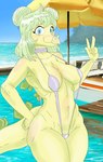 anthro bikini blue_eyes blush breasts clothed clothing curvy_figure detailed_background eyelashes female fingers gesture green_hair hair hand_gesture long_tail looking_at_viewer medium_breasts one-piece_swimsuit outside scales sea short_hair skimpy skimpy_bikini sling_bikini smile snout solo spikes spikes_(anatomy) swimming_pool swimwear tail thick_thighs two-piece_swimsuit v_sign water wide_hips yellow_body yellow_scales nuar_come_mundos cavemanon_studios goodbye_volcano_high snoot_game stella_(gvh_beta) dinosaur ornithischian prehistoric_species reptile scalie stegosaurian stegosaurus thyreophoran 2023 absurd_res digital_drawing_(artwork) digital_media_(artwork) hi_res