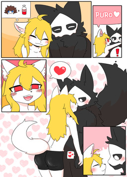 after_transformation anthro big_tail black_body black_bottomwear black_clothing black_fur black_pants blonde_hair blush bottomwear breasts brown_hair butt clothing duo eye_color_transformation eyes_closed female fluffy fluffy_tail fur gas gas_tank gender_transformation hair heart_symbol hug human_to_anthro kissing male male/female male/male mtf_transformation nuzzling pants question_mark red_eyes small_breasts smoke species_transformation tail transformation white_body white_fur white_tail fchicken ids_(user) ace_heart_(ids) canid canine canis human mammal wolf comic hi_res