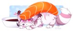 accessory blep brown_hair female feral fish_meat flower flower_in_hair food hair hair_accessory meat pink_eyes plant solo sushi tongue tongue_out bloominglynx yukki_kirai felid feline hybrid lynx mammal absurd_res hi_res