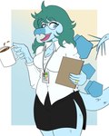 5_fingers anthro beverage big_breasts big_glasses biped black_bottomwear black_clothing black_skirt blue_body blue_eyes blue_scales bottomwear breasts clothed clothed_anthro clothed_female clothing coffee container cup digit_ring eyewear female fingers front_view furgonomics glasses green_hair hair holding_container holding_cup holding_mug holding_object humanoid_hands jewelry lanyard long_hair long_tail mature_anthro mature_female mug name_tag non-mammal_breasts open_mouth open_smile ring round_glasses scales shirt skirt slit_skirt smile solo spiked_tail spikes spikes_(anatomy) tail thick_thighs topwear wedding_ring white_clothing white_shirt white_topwear arsenic_iii cavemanon_studios microsoft snoot_game fan_character leslie_o'rourke dinosaur ornithischian prehistoric_species reptile scalie stegosaurian stegosaurus thyreophoran 4:5 hi_res portrait three-quarter_portrait