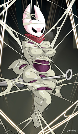 2_horns anthro arms_tied arthropod_abdomen arthropod_webbing bdsm black_body bodily_fluids bondage bound breasts female genital_fluids genitals horn legs_tied melee_weapon multicolored_body nipple_outline red_scarf scarf solo struggling suspension suspension_bondage two_tone_body vaginal_fluids vulva weapon web_bondage white_body wide_hips zinnick hollow_knight_(franchise) team_cherry hornet_(hollow_knight) arthropod 2025 absurd_res hi_res