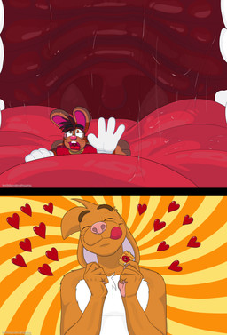 3_toes 4_fingers 5_fingers anthro big_tongue bodily_fluids cartoon_gloves claws drooling duo feet finger_claws fingers heart_symbol inside_mouth macro male male/male mawplay micro open_mouth red_tongue saliva soft_vore toes tongue tongue_out toony uvula vore wide_tongue doggydog doggydog_(character) roderick_(tamerkoh) canid canine canis domestic_dog lagomorph leporid mammal rabbit 2021 absurd_res hi_res