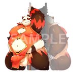 anthro asian_clothing balls belly blush chinese_clothing chinese_dress clothing dress east_asian_clothing erection erection_under_clothing genitals grin male moobs nipple_outline overweight penis quarterstaff sample_text smile smirk solo chi_tiu fanfan bear giant_panda mammal