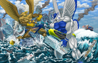 5_fingers abs anthro balls beak biceps bikini bikini_bottom biped brown_body brown_fur building building_destruction building_penetrated building_sex city city_background city_crushing city_destruction cityscape claws clothed clothing crush destruction duo erection erection_under_bottomwear erection_under_clothing feathered_wings feathers finger_claws fingers fur genitals house humanoid_genitalia humanoid_penis landscape_dwarfing macro macro_anthro macro_male male muscular muscular_anthro muscular_male open_mouth outside pecs penile penis rampage sea ship sky smile swimming_trunks swimwear tail two-piece_swimsuit vehicle vehicle_destruction vehicle_penetrated vein veiny_penis water watercraft white_body wings kain3 mythology carpo sova avian bird gryphon mythological_avian mythological_creature owl hi_res