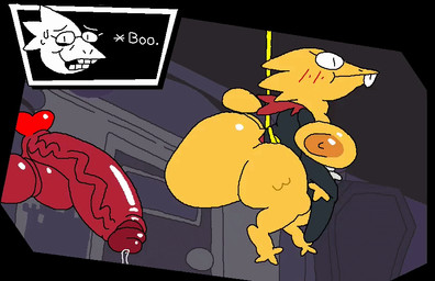 3_fingers 3_toes anthro areola balls big_areola big_balls big_breasts big_butt big_penis black_border black_eyes blush blush_lines bodily_fluids border bottom_heavy bottomless bottomless_anthro bottomless_female bound breasts buckteeth butt clothed clothing curvy_figure detailed_background dripping duo erection eyewear feet female fingers flying genital_fluids genital_raphe genitals glans glasses glistening glistening_areola glistening_breasts glistening_butt glistening_nipples heart_symbol huge_areola huge_balls huge_butt huge_penis huge_thighs humanoid_genitalia humanoid_penis hyper hyper_balls hyper_butt hyper_genitalia hyper_penis male male/female monotone_body monotone_skin nervous nervous_smile nipples nude open_clothing open_mouth open_shirt open_smile open_topwear orange_areola orange_nipples pear-shaped_figure penis precum precum_drip pupils raphe_(anatomy) red_balls red_glans red_penis rope round_glasses scrotal_raphe shirt slit_pupils smile spinning tail teeth text thick_thighs toes topwear vaginal_fluid_drip vaginal_fluids voluptuous voluptuous_anthro voluptuous_female vulva white_sclera wide_hips yellow_body yellow_skin yellow_vulva superiorfox deltarune undertale undertale_(series) alphys soul_(deltarune) lizard reptile scalie soul_(undertale) 2026 2d_animation animated animated_gif colored digital_media_(artwork) english_text flat_colors frame_by_frame loop seamless_loop shaded short_playtime simple_shading