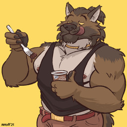 5_fingers anthro belt black_clothing black_shirt black_tank_top black_topwear bottomwear brown_body brown_bottomwear brown_clothing brown_fur brown_hair brown_pants chocolate_pudding clothed clothing dessert fingers food fur gold_(metal) gold_jewelry gold_necklace hair holding_fork humor ineffective_clothing jewelry licking licking_lips looking_down male manly muscular muscular_anthro muscular_male necklace nipple_slip nipples pants pointy_ears pudding pudding_cup revealing_tank_top shirt simple_background skimpy solo tail tank_top text tongue tongue_out topwear white_body white_fur yellow_background yellow_eyes nanoff pudding_mit_gabel_(meme) bruno_(nanoff) canid canine canis domestic_dog german_shepherd herding_dog mammal pastoral_dog 1:1 2025 artist_name colored dated digital_media_(artwork) english_description german_text half-length_portrait hi_res portrait translated