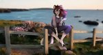 anthro camera ear_piercing ear_ring female fence flower grass islands piercing plant ring_piercing sea sitting solo stripes water kidaoriginal avora_kuma felid feline mammal pantherine tiger hi_res