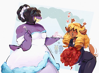 accessory anthro antlers armwear big_teeth black_clothing black_suit blonde_hair blush buckteeth cake clothing collar dark_hair deer_ears dessert dress duo eating_cake elbow_gloves exclamation_point eyes_closed female female/female flower food freckles gloves hair hair_accessory hair_over_eyes handwear heart_symbol holding_flower holding_object holding_plate horn larger_female long_hair muscular muscular_female open_mouth petals plant plate sharp_teeth short_hair simple_background size_difference suit tail tail_motion tailwag teeth wedding_dress weight_difference white_background yellow_teeth citrusflower25 deltarune undertale_(series) noelle_holiday susie_(deltarune) deer dinosaur mammal new_world_deer prehistoric_species reptile scalie 2026 hi_res model_sheet signature