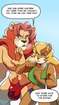 2019 anthro big_breasts blonde_hair blue_eyes bottomwear breasts bulge callie_(furry_force) clothed clothing collegehumor comic crop_top cutoffs denim denim_bottomwear denim_clothing detailed_bulge dialogue duo english_text facial_markings felid female fur furry_force hair head_markings hi_res humor komoroshi_(artist) leon_(furry_force) lion lipstick long_hair makeup male male/female mammal mane markings muscular muscular_anthro muscular_male muzzle_(marking) pantherine pubes pun red_clothing red_hair red_lipstick red_mane red_thong red_underwear rodent sciurid shirt shorts snout snout_markings speech_bubble tan_body tan_fur text thong thong_only topless topwear tree_squirrel underwear underwear_only whispering yellow_body yellow_fur