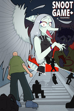 anthro bald biped black_clothing black_crop_top black_shirt black_topwear bodily_fluids bone bone_frill bottomwear cellphone close-up clothed clothed_anthro clothed_female clothed_human clothed_male clothing collar crop_top cutaway disbelief elbow_feathers electronics eyebrows facial_horn feathered_wings feathers female fingers footwear frill_(anatomy) gradient_background green_clothing green_jacket green_topwear grey_body grey_bottomwear grey_clothing grey_feathers grey_pants group hair holding_cellphone holding_object holding_phone holding_smartphone hoodie horn humanoid_hands jacket jewelry looking_at_another looking_at_viewer low-angle_view male markings necklace open_mouth orange_eyes outside pants phone plantigrade pupils purple_body purple_eyes purple_hair purple_scales raised_inner_eyebrows scales scared shadow shirt shoes short_hair short_tail silhouette silhouetted_body simple_background skull small_pupils smartphone spiked_collar spikes spots spotted_markings stairs striped_markings stripes surprised tail teardrop tears text topwear wings yellow_clothing yellow_hoodie yellow_topwear mayor_quigley cavemanon_studios goodbye_volcano_high snoot_game anon_(snoot_game) fang_(gvh) trish_(gvh) ambiguous_species ceratopsian dinosaur human mammal ornithischian prehistoric_species pterodactylus pterosaur reptile scalie triceratops 2:3 absurd_res colored cover_art english_text hi_res shaded