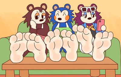 3_toes anthro apron apron_only ascot barefoot black_clothing black_nose black_topwear blue_body blue_clothing blue_eyelids blue_fur blue_topwear bottomwear brown_body brown_fur cellphone cheek_spots clothed clothed_anthro clothed_female clothing crossed_ankles electronics eyebrows eyes_closed eyewear eyewear_on_head feet female foot_focus foot_on_table fur furniture group hand_on_cheek hand_on_own_cheek holding_cellphone holding_object holding_phone holding_smartphone humanoid_feet multicolored_body multicolored_fur on_sofa orange_ascot orange_eyelids pants phone plantigrade purple_body purple_fur quills_(anatomy) sitting sitting_on_sofa smartphone sofa soles sunglasses sunglasses_on_head table toes topwear trio wearing_sunglasses white_body white_bottomwear white_clothing white_fur white_pants compysteps animal_crossing nintendo label_able mabel_able sable_able eulipotyphlan hedgehog mammal hi_res sibling_(lore) sister_(lore) sisters_(lore)