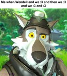 anthro clothing fur grey_body grey_fur headgear looking_at_viewer male solo text white_body white_fur yellow_eyes wolfnes epic_games fortnite wendell_(fortnite) canid canine canis mammal wolf 3d_(artwork) digital_media_(artwork) english_text meme reaction_image source_filmmaker_(artwork)