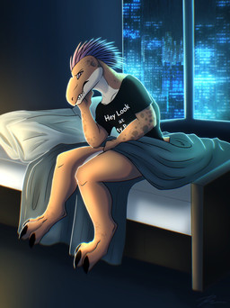 anthro bed bedding blanket city city_background claws clothing digitigrade furniture hand_on_face looking_at_viewer male on_bed pillow pupils purple_eyes purple_quills quill_hair shirt sitting sitting_on_bed slit_pupils solo tan_body teeth text toe_claws topwear rainey_(artist) halo_(series) microsoft xbox_game_studios nuc_meq alien kig-yar ruuhtian scalie colored english_text hi_res
