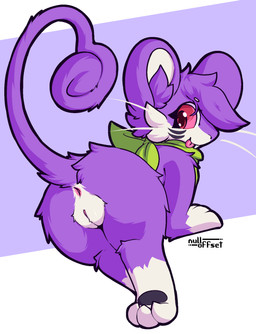 anus butt curled_tail female feral fur genitals kerchief kerchief_only looking_back plump_labia purple_body purple_fur raised_tail simple_background solo tail tongue tongue_out vulva whiskers nulloffset nintendo pokemon quote_(nulloffset) generation_1_pokemon pokemon_(species) rattata hi_res